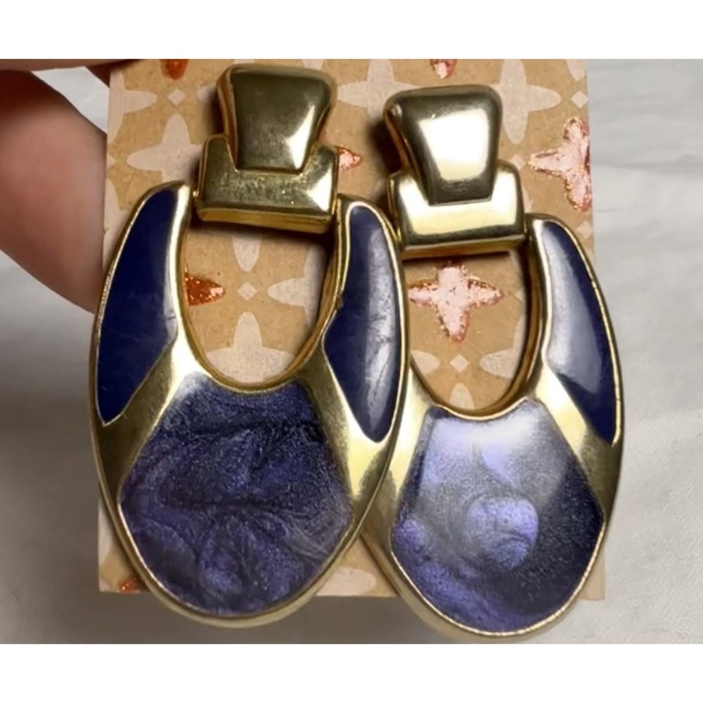 Vintage 80s Purple‎ Glitter Gold Tone Drop Large Pierced Earrings Berebi Look